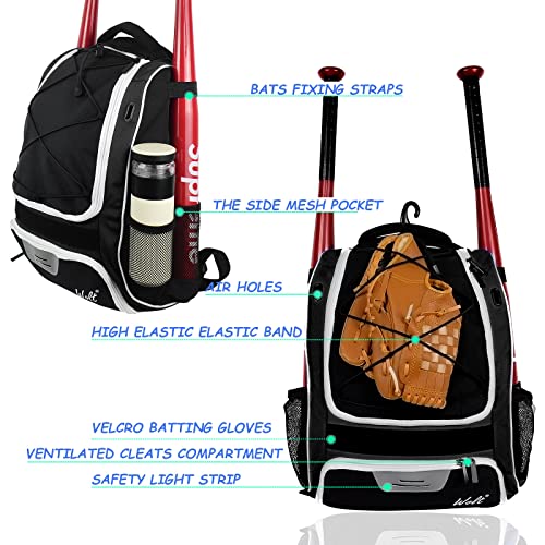 WOLT | Youth Baseball Backpack Bag for Baseball, Softball & T-Ball Equipment & Gear, Youth Boys and Adults, with Holder for Bat, Helmet, Glove, & Shoes Compartment & Fence Hook (Black) - Image 4