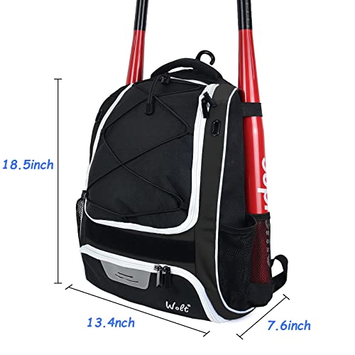WOLT | Youth Baseball Backpack Bag for Baseball, Softball & T-Ball Equipment & Gear, Youth Boys and Adults, with Holder for Bat, Helmet, Glove, & Shoes Compartment & Fence Hook (Black) - Image 2