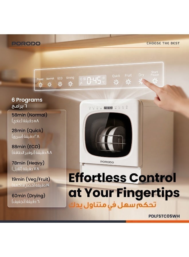 porodo Countertop Dishwasher With 3 Place Settings, 6 Programs, 5.7L Capacity, Silent, Digital Display, Start Delay, UV Sterilization, Compact for Small Kitchens, Fruit Cleaning 950 W - White - Image 5