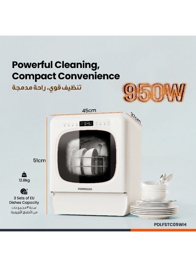 porodo Countertop Dishwasher With 3 Place Settings, 6 Programs, 5.7L Capacity, Silent, Digital Display, Start Delay, UV Sterilization, Compact for Small Kitchens, Fruit Cleaning 950 W - White - Image 4