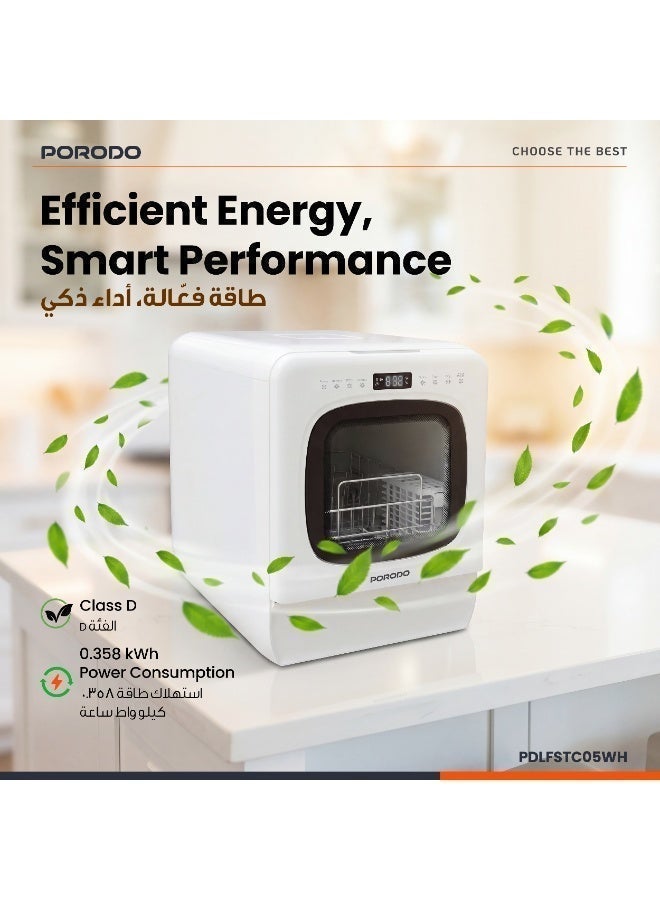 porodo Countertop Dishwasher With 3 Place Settings, 6 Programs, 5.7L Capacity, Silent, Digital Display, Start Delay, UV Sterilization, Compact for Small Kitchens, Fruit Cleaning 950 W - White - Image 2