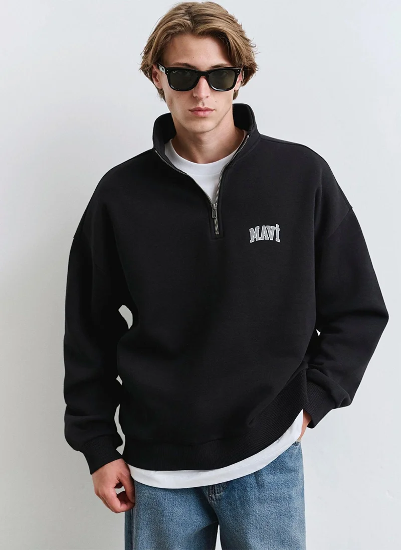 MAVI Mavi Logo Printed Half Zip Black Sweatshirt