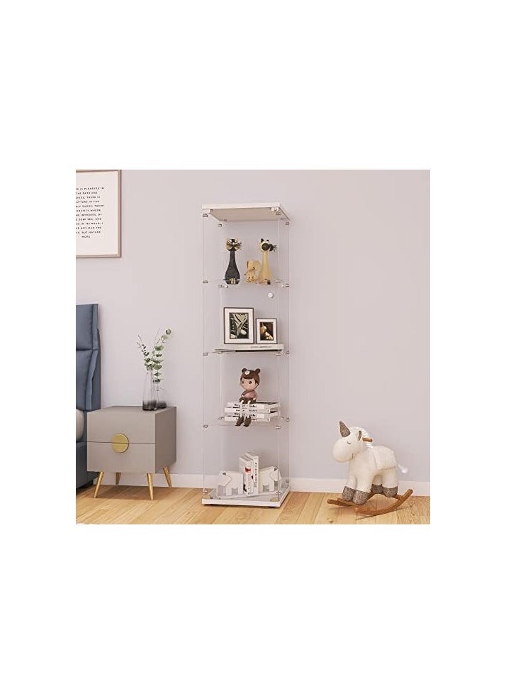 SS SS Tech Glass Display Cabinet 4-Shelf with Door and Lock, Curio Cabinets Upgraded Quick-Install Style Tempered Glass Floor Standing Bookshelf for Bedroom, Living Room 65”x 17”x 14” White  - Image 1