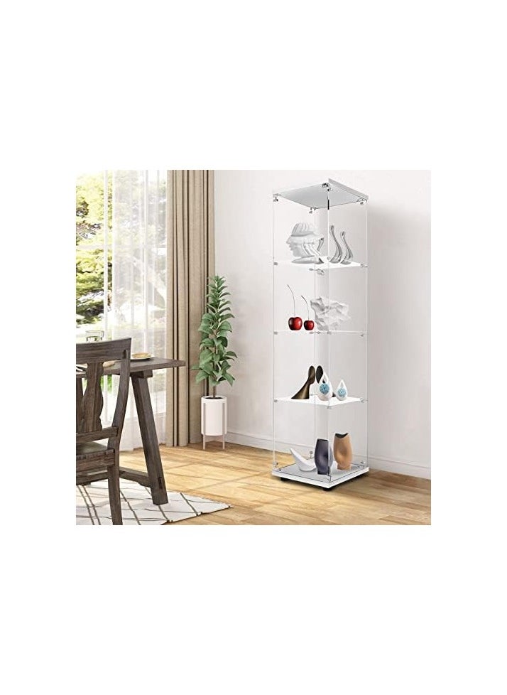 SS SS Tech Glass Display Cabinet 4-Shelf with Door and Lock, Curio Cabinets Upgraded Quick-Install Style Tempered Glass Floor Standing Bookshelf for Bedroom, Living Room 65”x 17”x 14” White  - Image 4