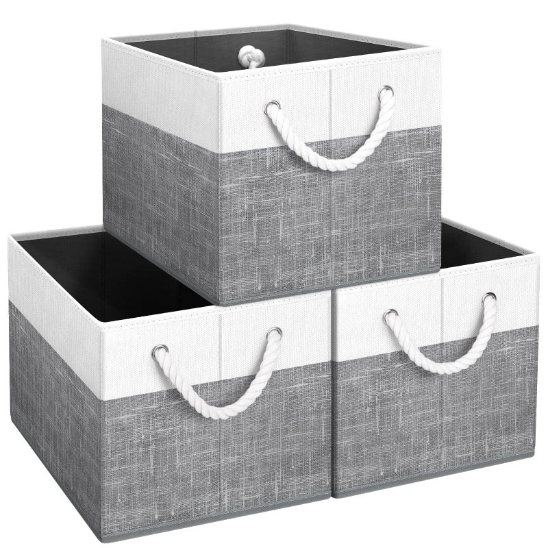 Fab totes Storage Bins [3-Pack], Foldable Storage Baskets for Organizing Toys, Books, Shelves, Closet, Large Storage Box with Rope Handles, Sturdy Organizer Bins, White & Grey - Image 1