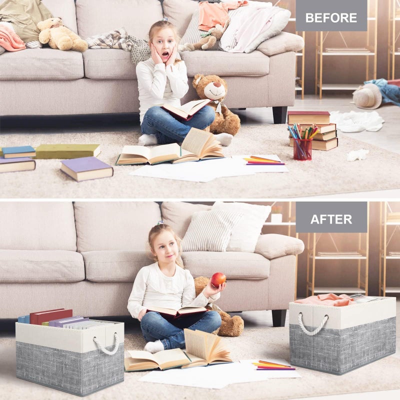 Fab totes Storage Bins [3-Pack], Foldable Storage Baskets for Organizing Toys, Books, Shelves, Closet, Large Storage Box with Rope Handles, Sturdy Organizer Bins, White & Grey - Image 5