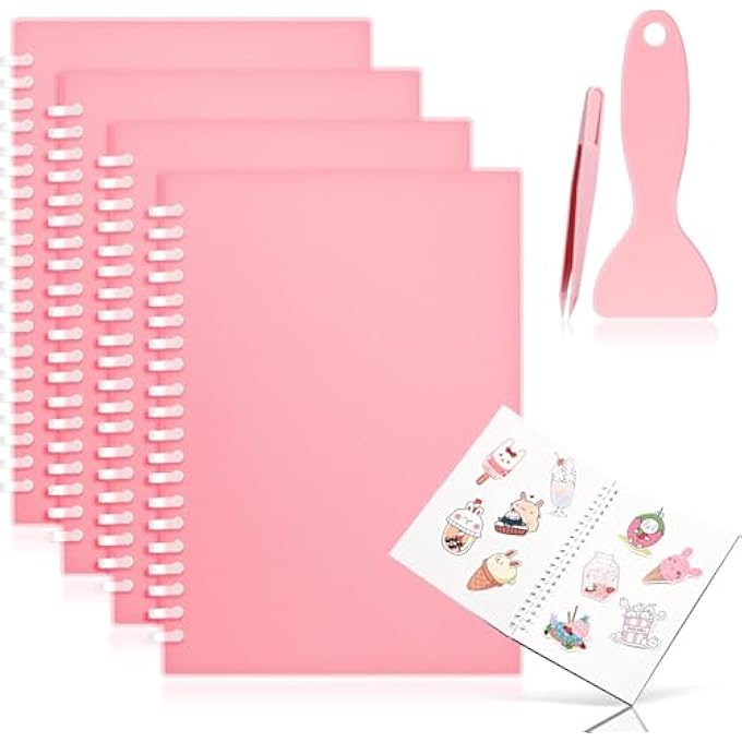 4 PCS STICKER COLLECTING BOOK ALBUM, REUSABLE STICKER BOOK, WITH A PLASTIC SPATULA AND TWEEZER, EASY TO CARRY, FOR HOME, OFFICE, SCHOOL, TRAVELLING, A5 SIZE 8.4" X 6", PINK - Image 2