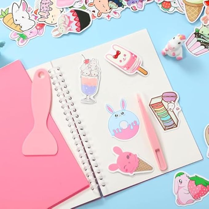 4 PCS STICKER COLLECTING BOOK ALBUM, REUSABLE STICKER BOOK, WITH A PLASTIC SPATULA AND TWEEZER, EASY TO CARRY, FOR HOME, OFFICE, SCHOOL, TRAVELLING, A5 SIZE 8.4" X 6", PINK - Image 4