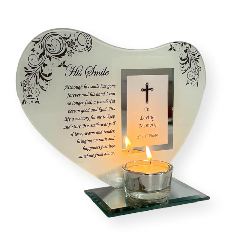 HIS SMILE GLASS MEMORIAL CANDLE HOLDER AND PHOTO FRAME  thinking of you gifts  Dad memorial gift  memory gifts for Pops Father Dad Granddad Grandfather