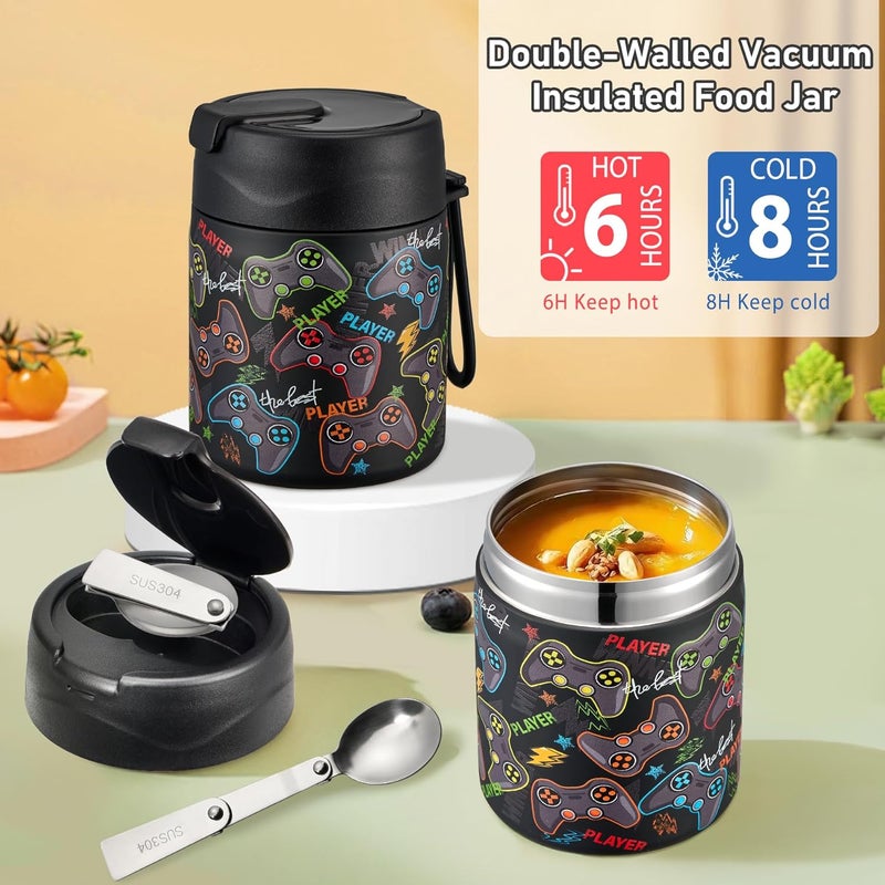 Howeemo Bento Lunch Box for Kids with 17oz Soup Thermo,Insulated Tumbler Water Bottle and Insulated Lunch Bag,Leak-Proof 3 Compartment Lunch Food Container with with Ice Pack for Kids to School-Game Console - Image 3