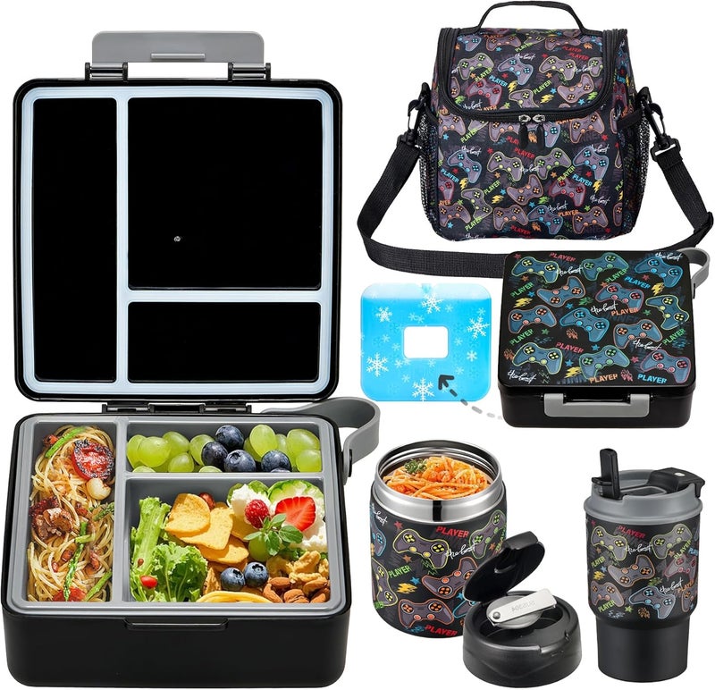 Howeemo Bento Lunch Box for Kids with 17oz Soup Thermo,Insulated Tumbler Water Bottle and Insulated Lunch Bag,Leak-Proof 3 Compartment Lunch Food Container with with Ice Pack for Kids to School-Game Console - Image 1