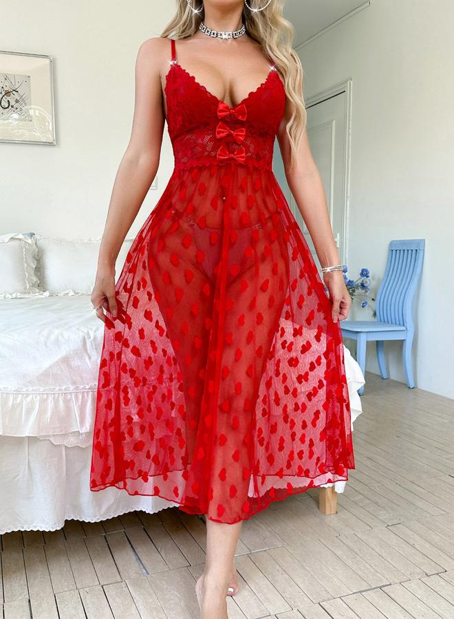 Take Two Red Heart Flock Mesh Babydoll - Image 2