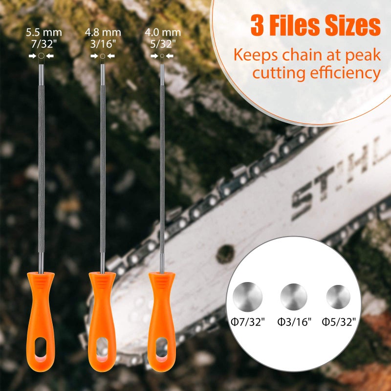 Honoson 3 Pieces Chainsaw Chain Round Steel Chainsaw Sharpener File with Plastic Handle (5/32,7/32,3/16 Inch) - Image 3