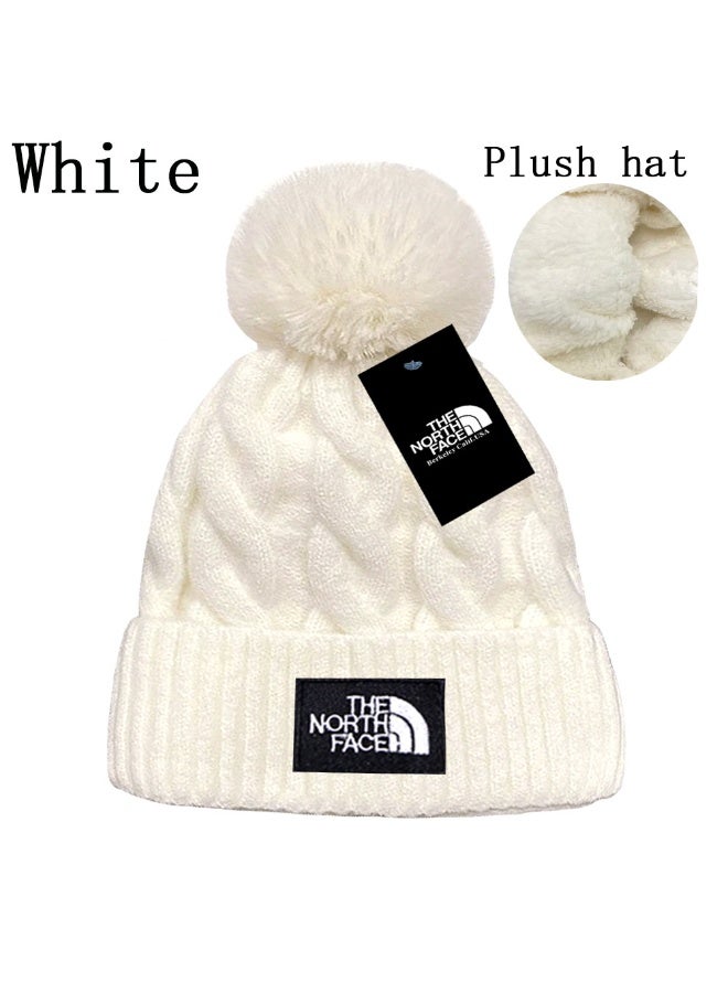 The North Face White Plush-Lined Cable-Knit Beanie with Fluffy Pom-Pom – Chic Warm Winter Skull Cap 577Size