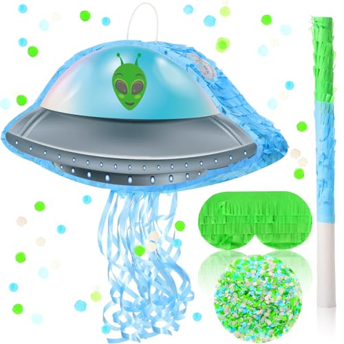 Janlaugh Alien Pinata with Bat Stick Blindfold and Confetti Spacecraft Piata Party Decoration Spaceship Themed Halloween Birthday Party Favor Supplies Alien - Image 1