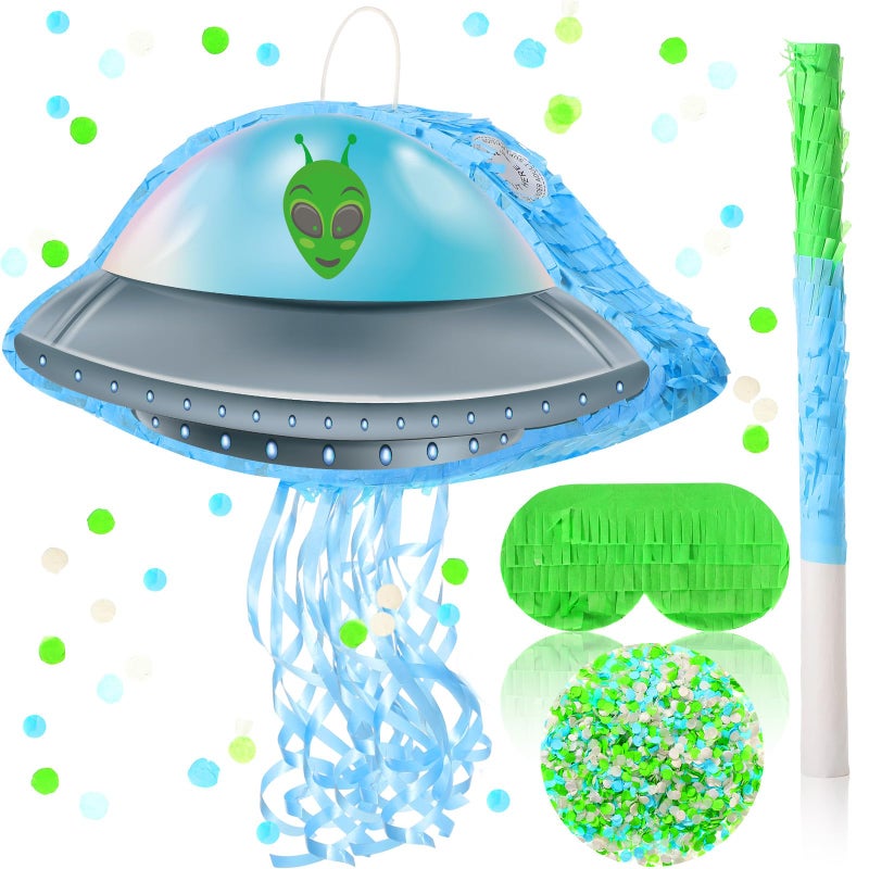 Janlaugh Alien Pinata with Bat Stick Blindfold and Confetti Spacecraft Piata Party Decoration Spaceship Themed Halloween Birthday Party Favor Supplies Alien - Image 3