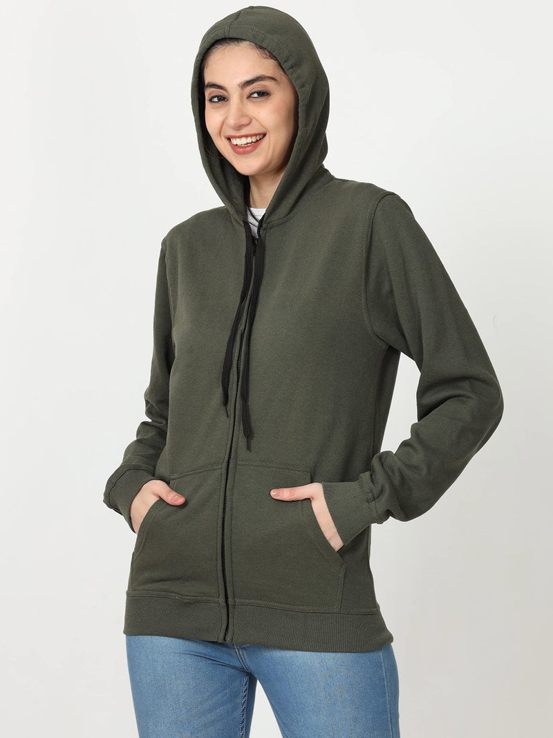 Wafaa Women's Cotton Plain Hooded Neck Full Zipper Olive Green Color Regular Fit Sweatshirt Hoodies with Kangaroo Pocket L Size - Image 5