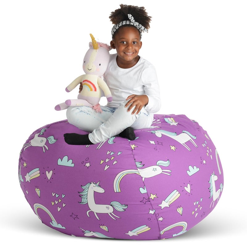 Creative QT Stuff ’n Sit Extra Large 38’’ Bean Bag Storage Cover for Stuffed Animals & Toys - Purple Unicorn Print - Toddler & Kids’ Rooms Organizer - Giant Beanbag Great Plush Toy Hammock Alternative - Image 1