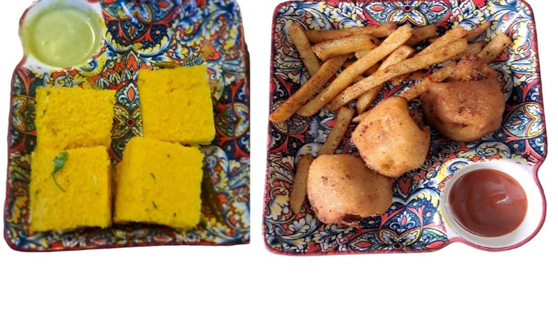 Dishy Divine Dishy Divine Bohemian Ceramic Serving Chip and Dip Platter | Snacks Serving Plates | Designer Appetizer Serve Ware Platters | French Fries, Pasta, Chips, with Chutney Bowl - (Pack of 2) - Image 2