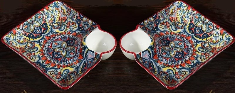 Dishy Divine Dishy Divine Bohemian Ceramic Serving Chip and Dip Platter | Snacks Serving Plates | Designer Appetizer Serve Ware Platters | French Fries, Pasta, Chips, with Chutney Bowl - (Pack of 2) - Image 3