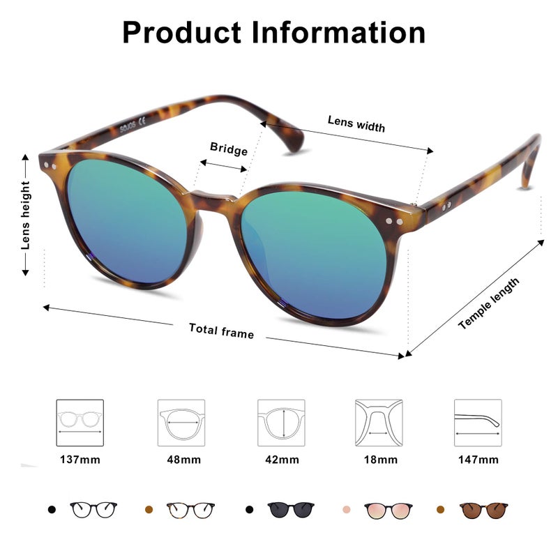 SOJOS Small Round Classic Polarized Sunglasses for Women Men Vintage Style UV400 Lens SJ2113, Tortoise/Greenish Blue - Image 4