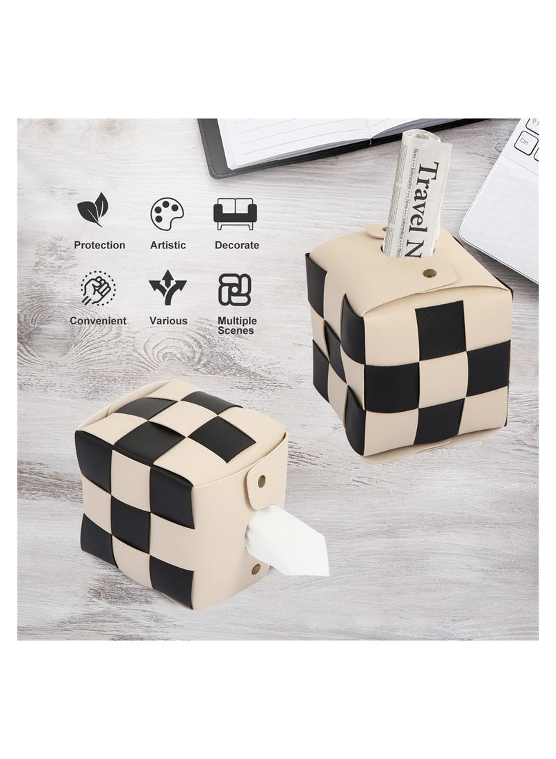 Excefore Tissue Box Cover, Modern Stylish Tissue Box Holder, PU Leather Weave, Stylish Checkerboard Design for Living Room, Decorative Shelf, Bathroom Counter Top, Bedside Table, Desk, Square, Beige - Image 2