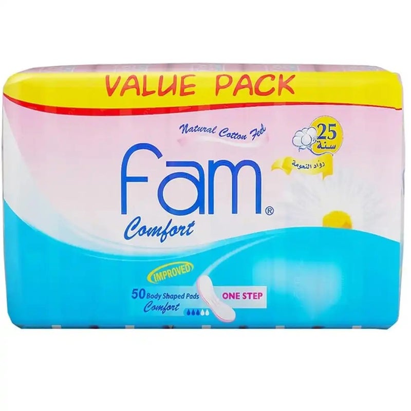 Fam Comfort Natural Cotton Feel Improved Body Shaped Pads- 50pcs