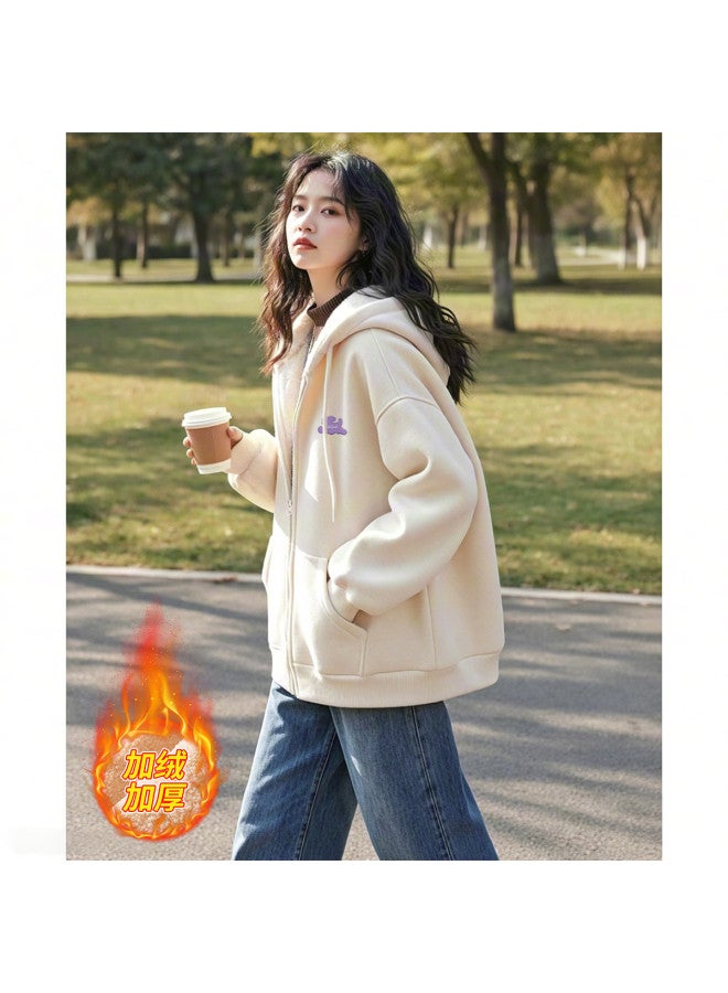 Flying in the snow Fleece Hooded Sweatshirt Jacket 2025 Autumn/winter New Arrival Loose Lazy Style Daily Versatile Cardigan Top - Image 2