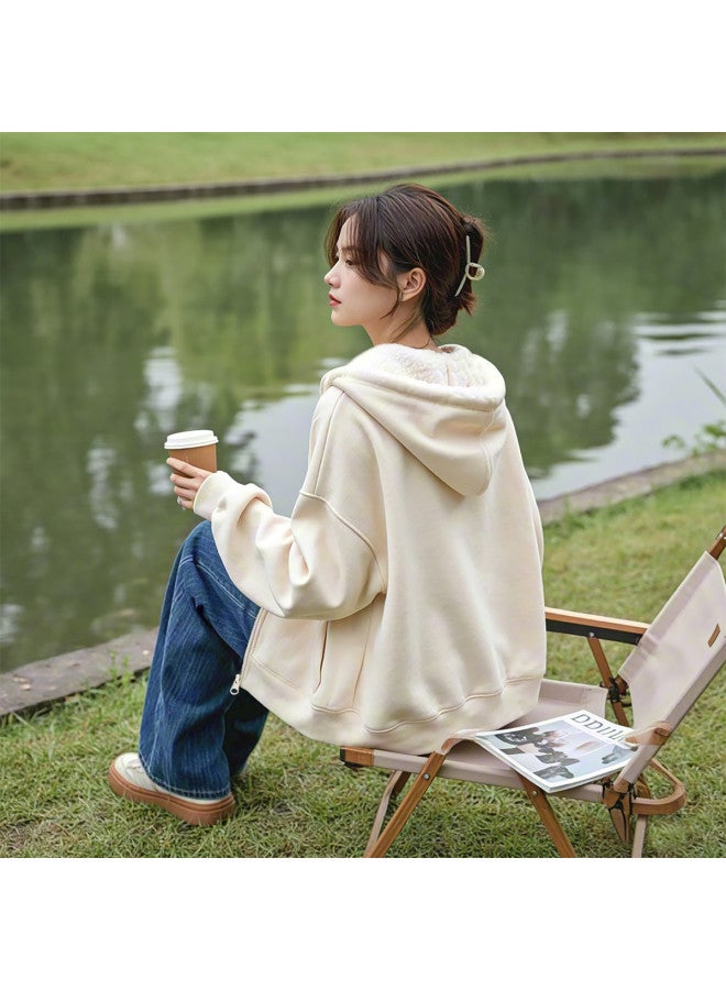 Flying in the snow Fleece Hooded Sweatshirt Jacket 2025 Autumn/winter New Arrival Loose Lazy Style Daily Versatile Cardigan Top - Image 3