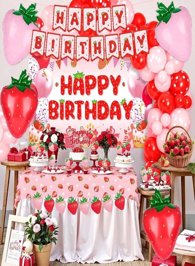 Kriyokiaa Strawberry Birthday Party Decorations for Girls Berry Shortcake Party Set with Balloon Garland, Backdrop, Banners, Tablecloth & Cake Topper Berry Theme Party Supplies - Image 5