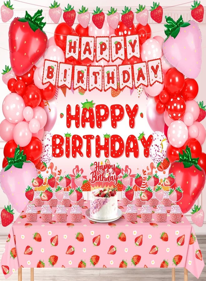 Kriyokiaa Strawberry Birthday Party Decorations for Girls Berry Shortcake Party Set with Balloon Garland, Backdrop, Banners, Tablecloth & Cake Topper Berry Theme Party Supplies - Image 1