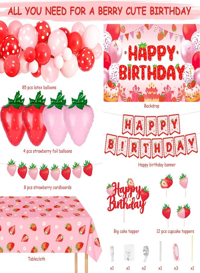 Kriyokiaa Strawberry Birthday Party Decorations for Girls Berry Shortcake Party Set with Balloon Garland, Backdrop, Banners, Tablecloth & Cake Topper Berry Theme Party Supplies - Image 2