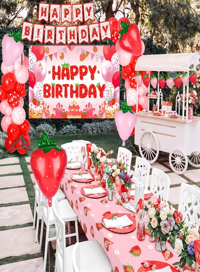 Kriyokiaa Strawberry Birthday Party Decorations for Girls Berry Shortcake Party Set with Balloon Garland, Backdrop, Banners, Tablecloth & Cake Topper Berry Theme Party Supplies - Image 3