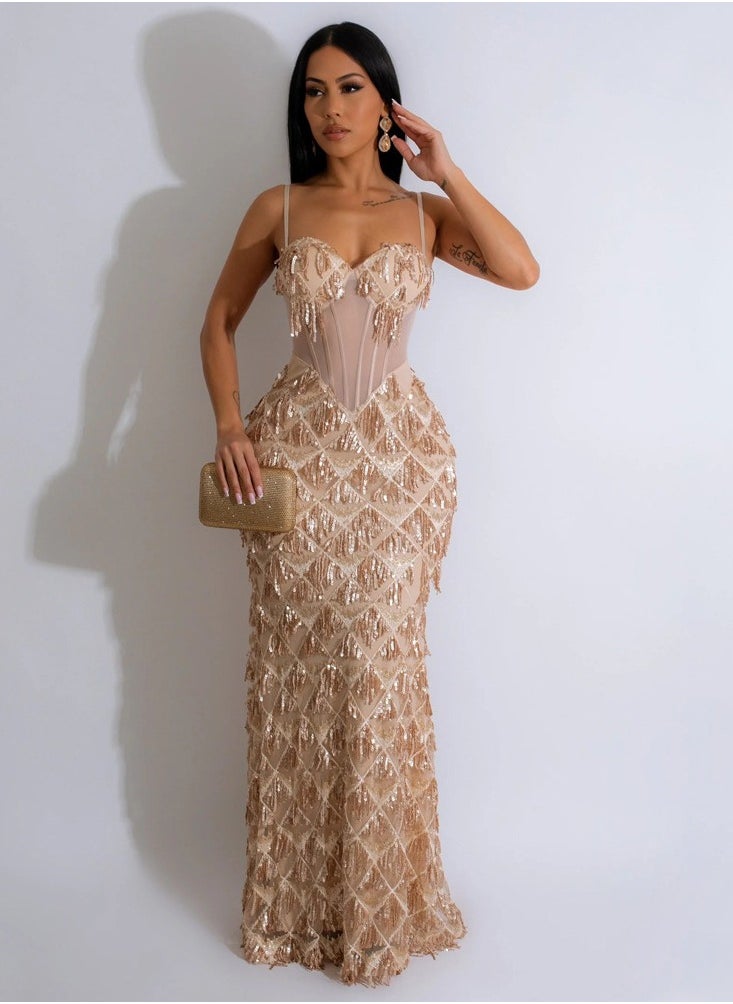 NIBEMINENT Elegant Luxury Celebrity Evening Party Dresses Women‘s Sequined Spaghetti Stap Mesh Patchwork Birthday Prom Vestido  - Image 1
