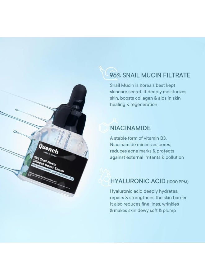 كوينش سيروم Quench لتعزيز الكولاجين بخلاصة مخاط الحلزون بنسبة 96%، مع النياسيناميد وحمض الهيالورونيك | ترطيب يدوم 72 ساعة | تركيبة كورية صُنعت في كوريا | لبشرة نضرة، ناعمة وممتلئة | يقي من علامات الشيخوخة المبكرة (30 مل) - Image 2