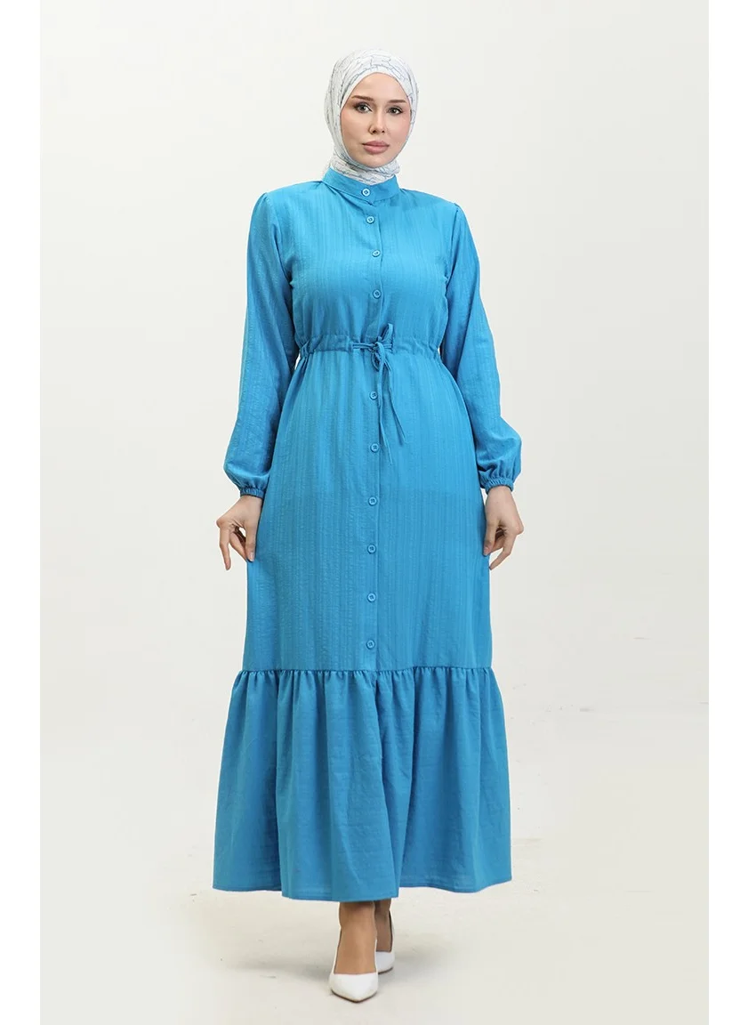 Sefa Merve Buttoned Hem Pleated Dress 0351-02 Blue