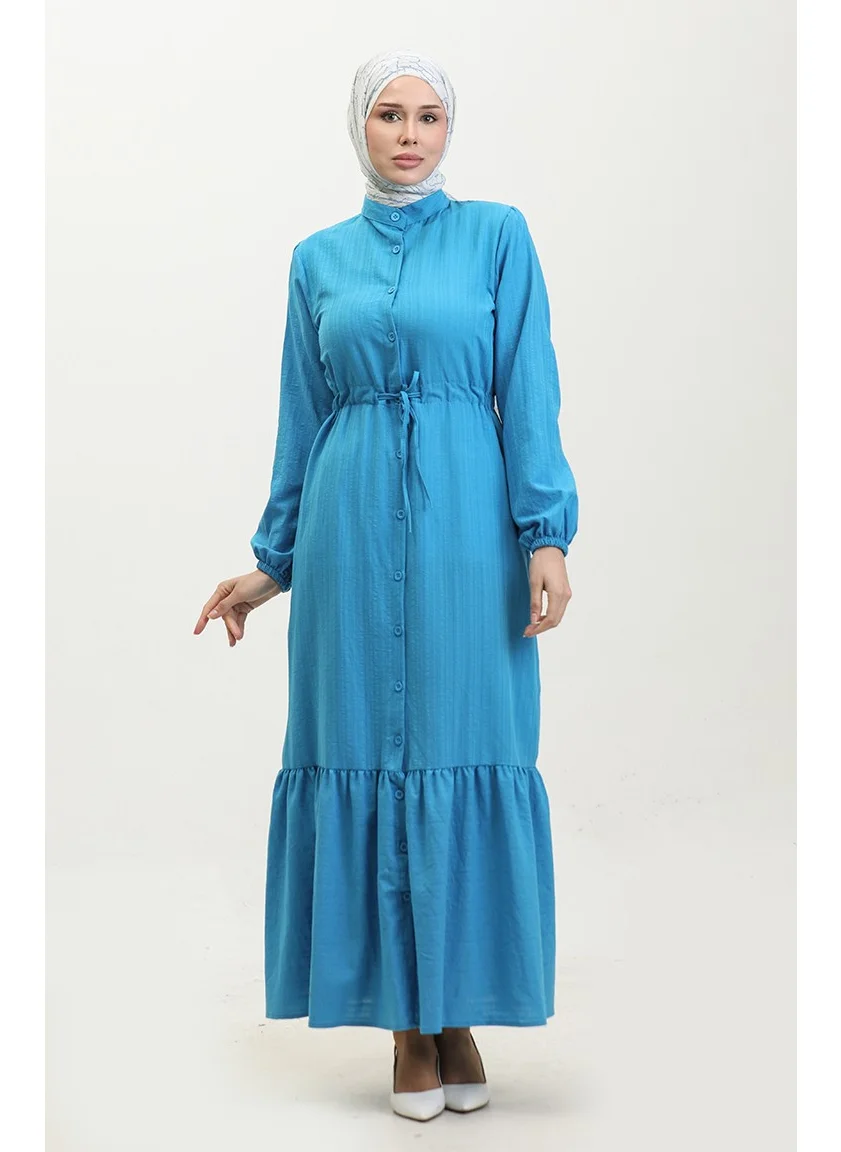 Sefa Merve Buttoned Hem Pleated Dress 0351-02 Blue