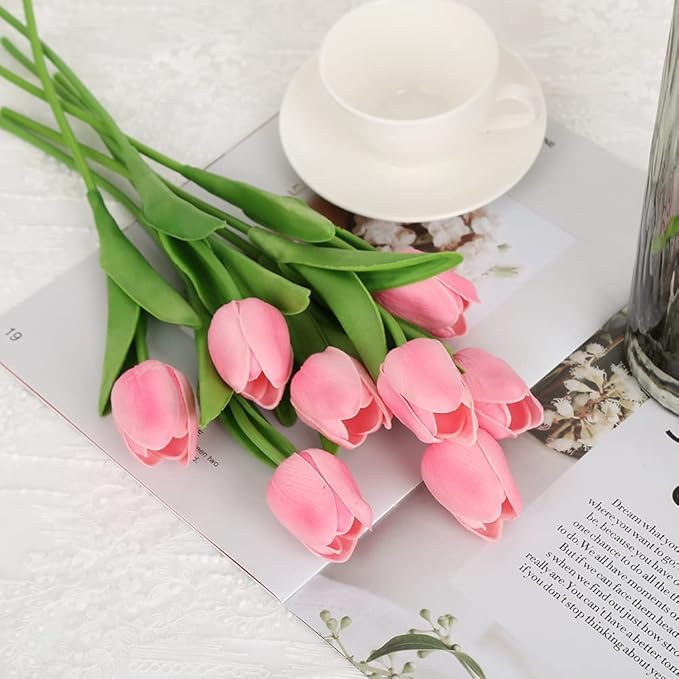 Generic KlinWipe Artificial Tulip Flowers Bunches for Vase Home Decoration Items for Living Room Corner Table Top Bedroom Wedding Party Decorative Gift Set (Vase Not Included) (Baby Pink, Pack of 4)  - Image 1