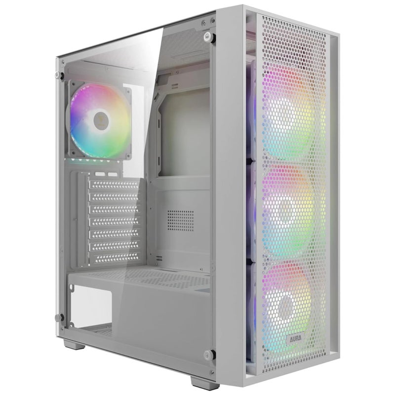 GAMDIAS صندوق كمبيوتر ألعاب GAMDIAS أبيض ATX متوسط البرج مع زجاج مقسى جانبي، مزود بـ 4 مراوح ARGB بحجم 120 مم مثبتة مسبقًا، يدعم حتى 6 مراوح بحجم 120 مم، 360 مم AIO/مبرد، 340 مم GPU/VGA، 160 مم مبرد هواء CPU - Image 1