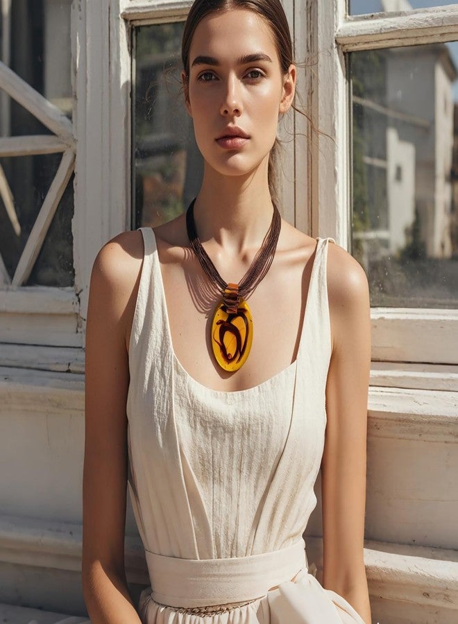 Bocar Multi Strand Chunky Statement Big Teardrop Oval Pendant Necklace Wax Cord Costume Choker for Women Gift (NK-10794-Amber Brown) - Image 2