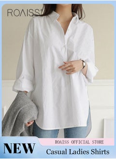 roaiss Ladies Comfortable Lapel Shirt for Daily Commute - Single-Breasted Long Sleeve Top with Simple Solid Color Design and Loose Fit, Women's Classic Regular Shirt  - Image 2