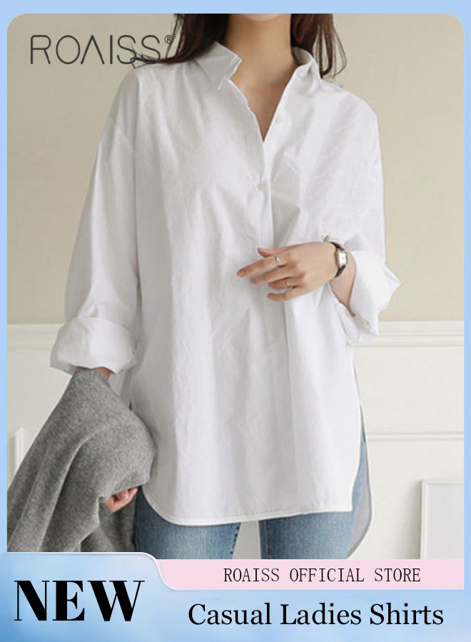 roaiss Ladies Comfortable Lapel Shirt for Daily Commute - Single-Breasted Long Sleeve Top with Simple Solid Color Design and Loose Fit, Women's Classic Regular Shirt  - Image 2