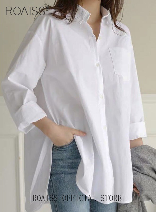 roaiss Ladies Comfortable Lapel Shirt for Daily Commute - Single-Breasted Long Sleeve Top with Simple Solid Color Design and Loose Fit, Women's Classic Regular Shirt  - Image 3