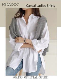 roaiss Ladies Comfortable Lapel Shirt for Daily Commute - Single-Breasted Long Sleeve Top with Simple Solid Color Design and Loose Fit, Women's Classic Regular Shirt  - Image 4