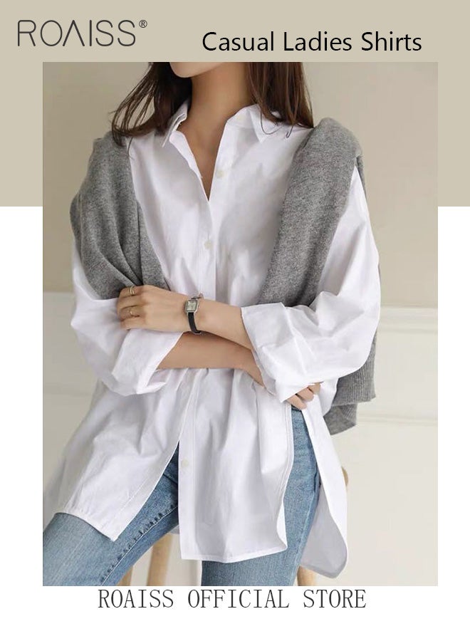 roaiss Ladies Comfortable Lapel Shirt for Daily Commute - Single-Breasted Long Sleeve Top with Simple Solid Color Design and Loose Fit, Women's Classic Regular Shirt  - Image 4