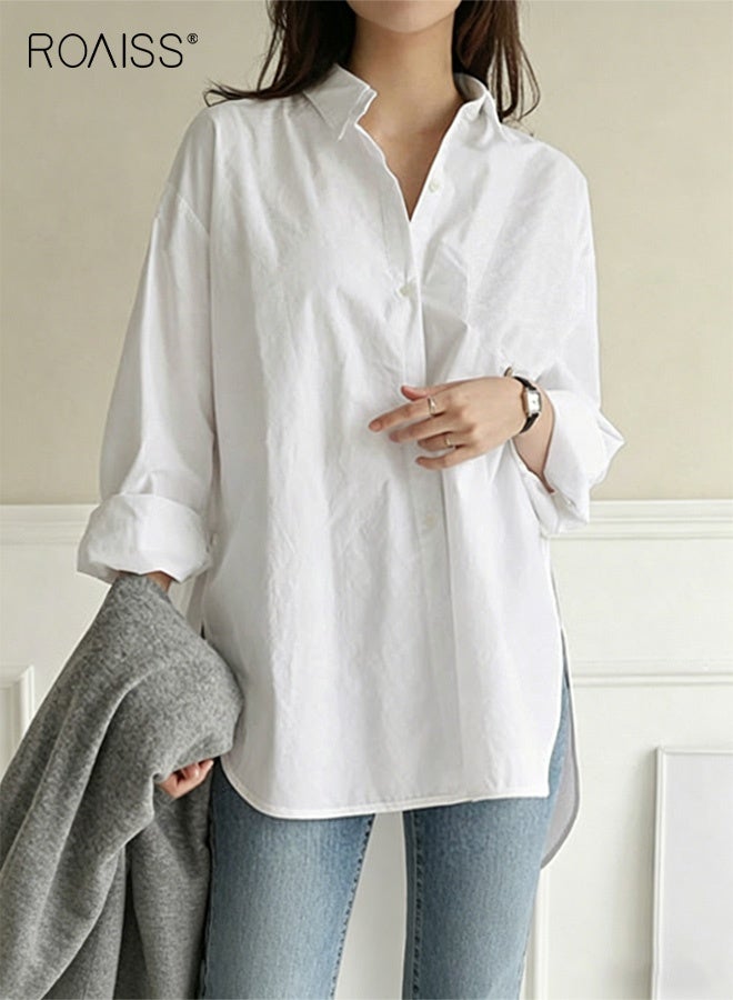 Ladies Comfortable Lapel Shirt for Daily Commute - Single-Breasted Long Sleeve Top with Simple Solid Color Design and Loose Fit, Women's Classic Regular Shirt