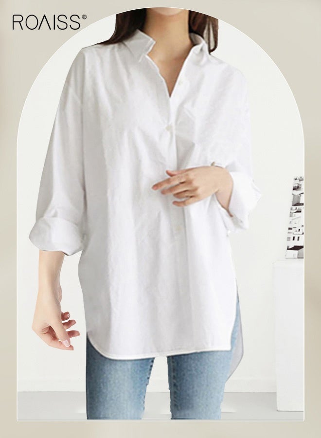 roaiss Ladies Comfortable Lapel Shirt for Daily Commute - Single-Breasted Long Sleeve Top with Simple Solid Color Design and Loose Fit, Women's Classic Regular Shirt - Image 3