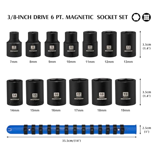 MIXPOWER 38 Drive Shallow Magnetic Impact Socket Set with Storage Rails 13Piece 6 Point 719mm Metric CRMO - Image 3
