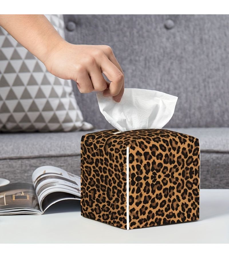 Leopard Pattern PVC Desktop Tissue Box 1pc For Home Travel Office - Image 1