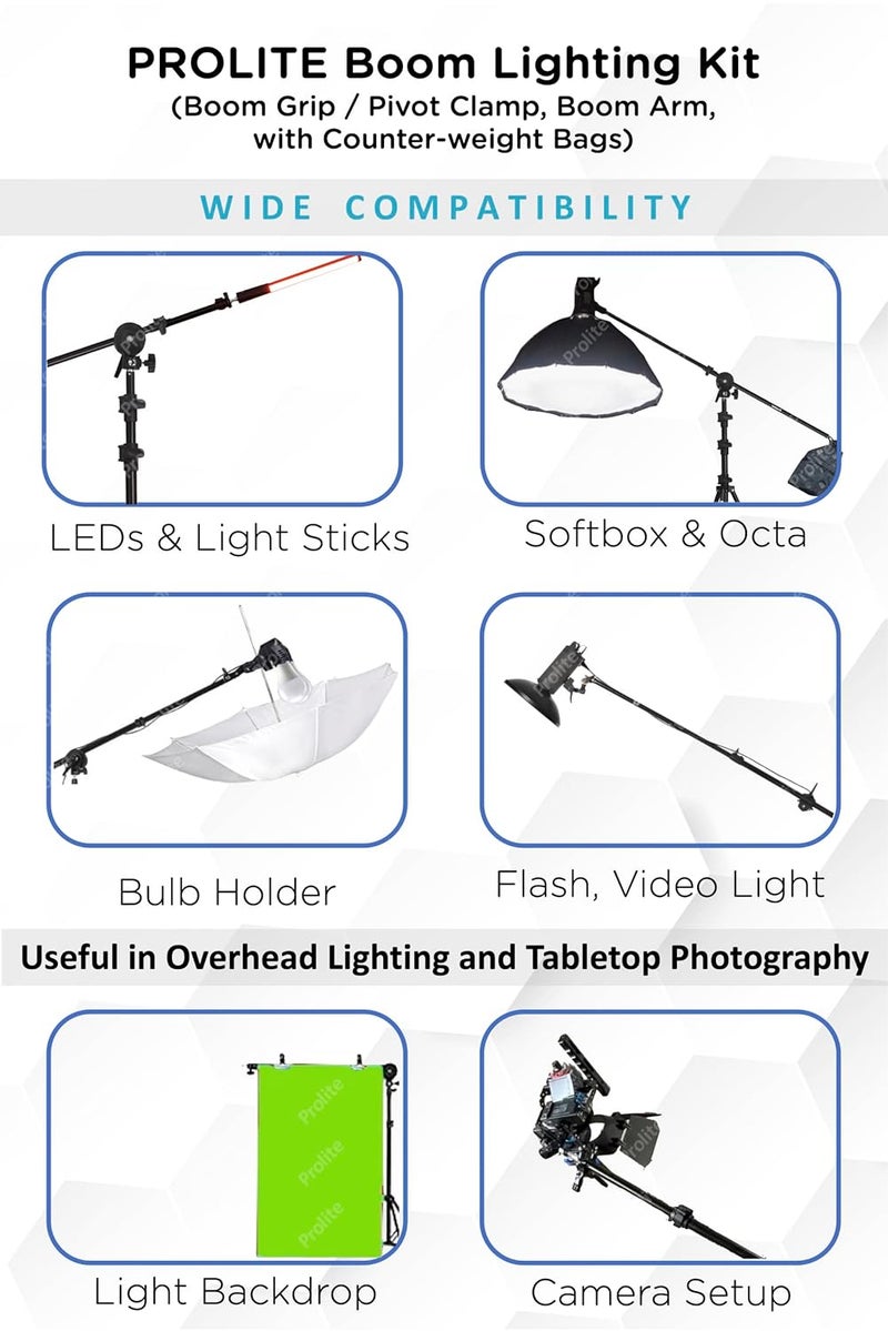 Pro-Lite Photography Lighting Boom Kit | Boom Grip, Boom Arm, Empty Sandbags | Used with Softbox LED Flash Lighting for Overhead/Table Top Lighting - Image 3